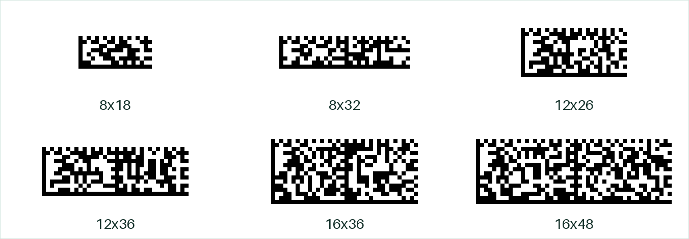 Шесть прямоугольных размеров DataMatrix: 8x18, 8x32, 12x26, 12x36, 16x36 и 16x48 модулей