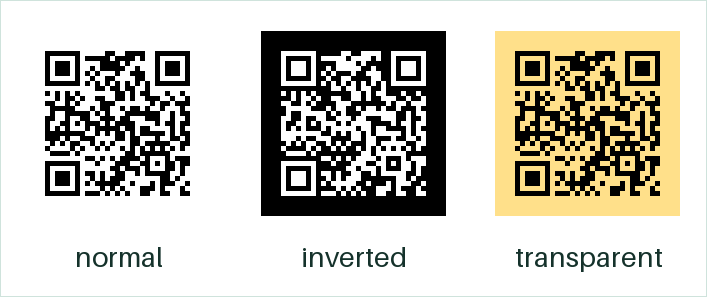 QR-код обычный, инверсный и с прозрачным фоном на жёлтой подложке